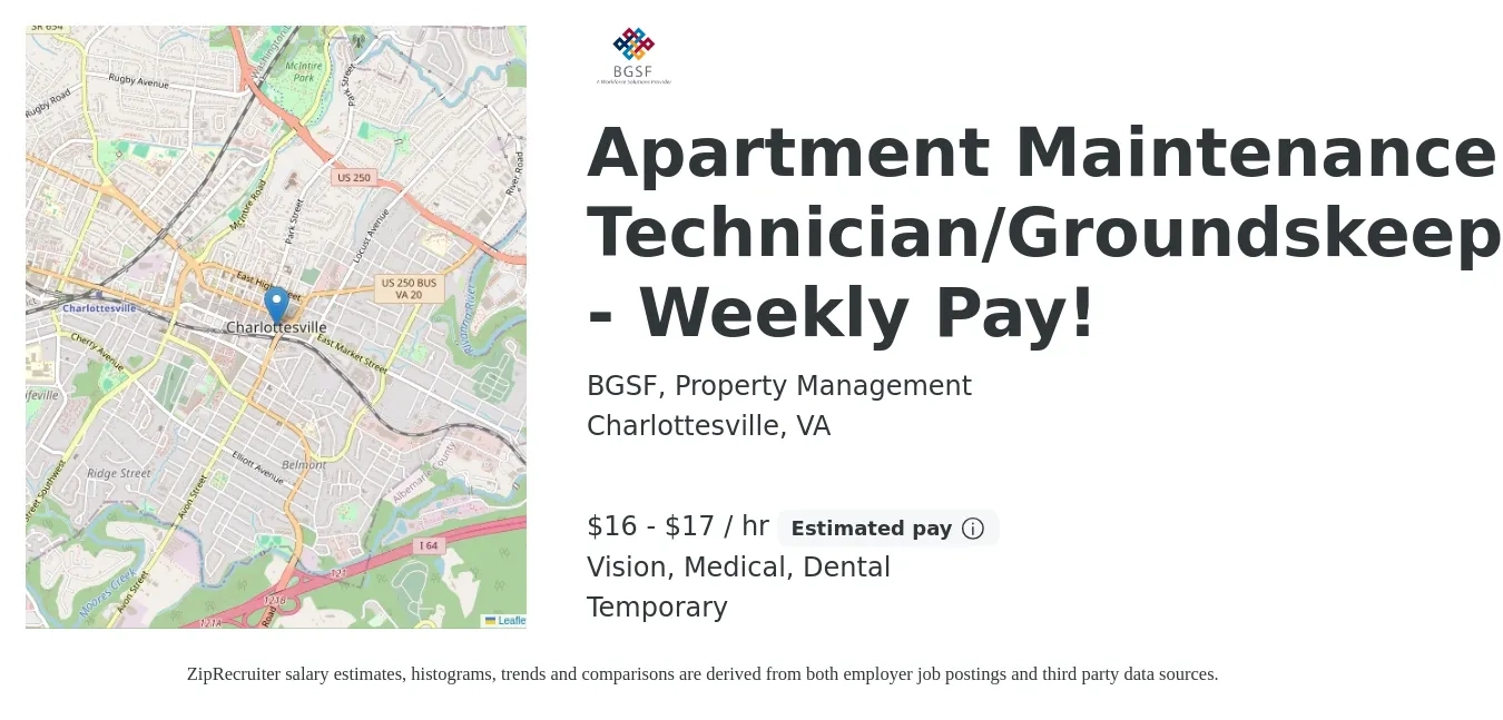 BGSF, Property Management job posting for a Apartment Maintenance Technician/Groundskeeper - Weekly Pay! in Charlottesville, VA with a salary of $17 to $18 Hourly and benefits including medical, vision, and dental with a map of Charlottesville location.