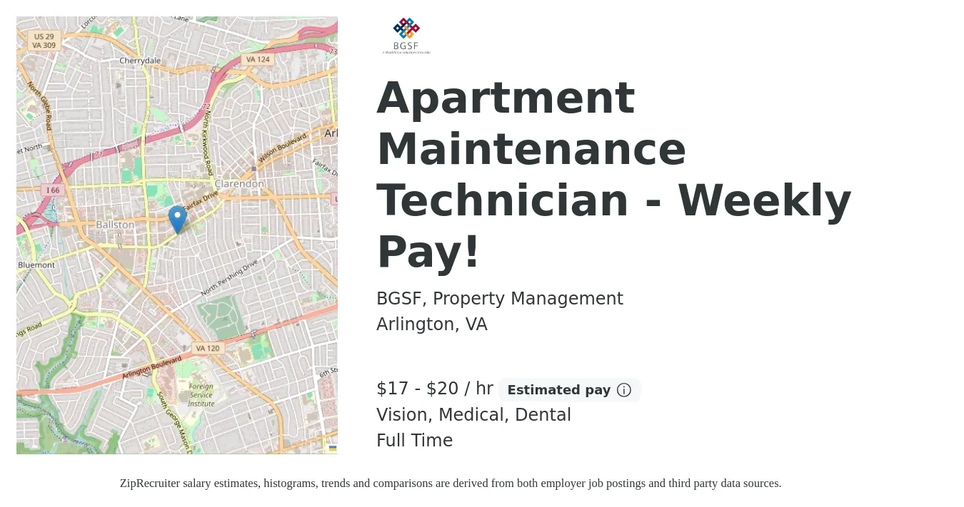 BGSF, Property Management job posting for a Apartment Maintenance Technician - Weekly Pay! in Arlington, VA with a salary of $18 to $21 Hourly and benefits including medical, vision, and dental with a map of Arlington location.