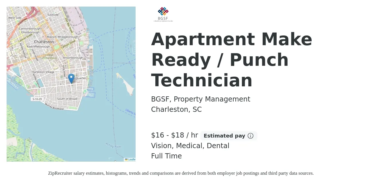 BGSF, Property Management job posting for a Apartment Make Ready / Punch Technician in Charleston, SC with a salary of $17 to $19 Hourly and benefits including dental, medical, and vision with a map of Charleston location.