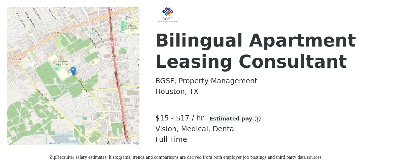 BGSF, Property Management job posting for a Bilingual Apartment Leasing Consultant in Houston, TX with a salary of $16 to $18 Hourly and benefits including medical, vision, and dental with a map of Houston location.