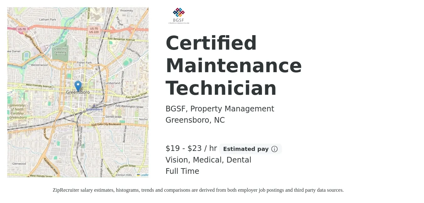 BGSF, Property Management job posting for a Certified Maintenance Technician in Greensboro, NC with a salary of $20 to $24 Hourly and benefits including medical, vision, and dental with a map of Greensboro location.