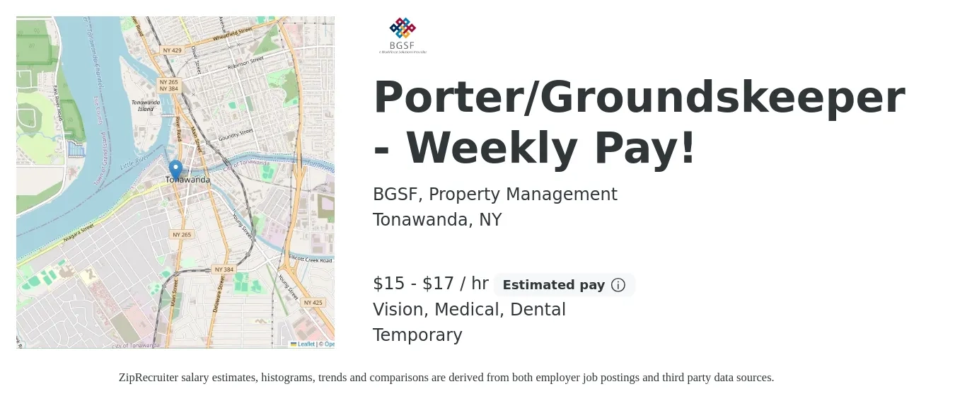 BGSF, Property Management job posting for a Porter/Groundskeeper - Weekly Pay! in Tonawanda, NY with a salary of $15 to $16 Hourly and benefits including medical, vision, and dental with a map of Tonawanda location.