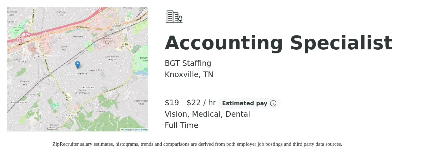 BGT Staffing job posting for a Accounting Specialist in Knoxville, TN with a salary of $20 to $23 Hourly and benefits including vision, dental, medical, and pto with a map of Knoxville location.