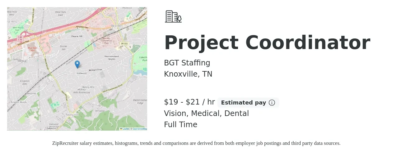 BGT Staffing job posting for a Project Coordinator in Knoxville, TN with a salary of $20 to $22 Hourly and benefits including dental, medical, pto, and vision with a map of Knoxville location.