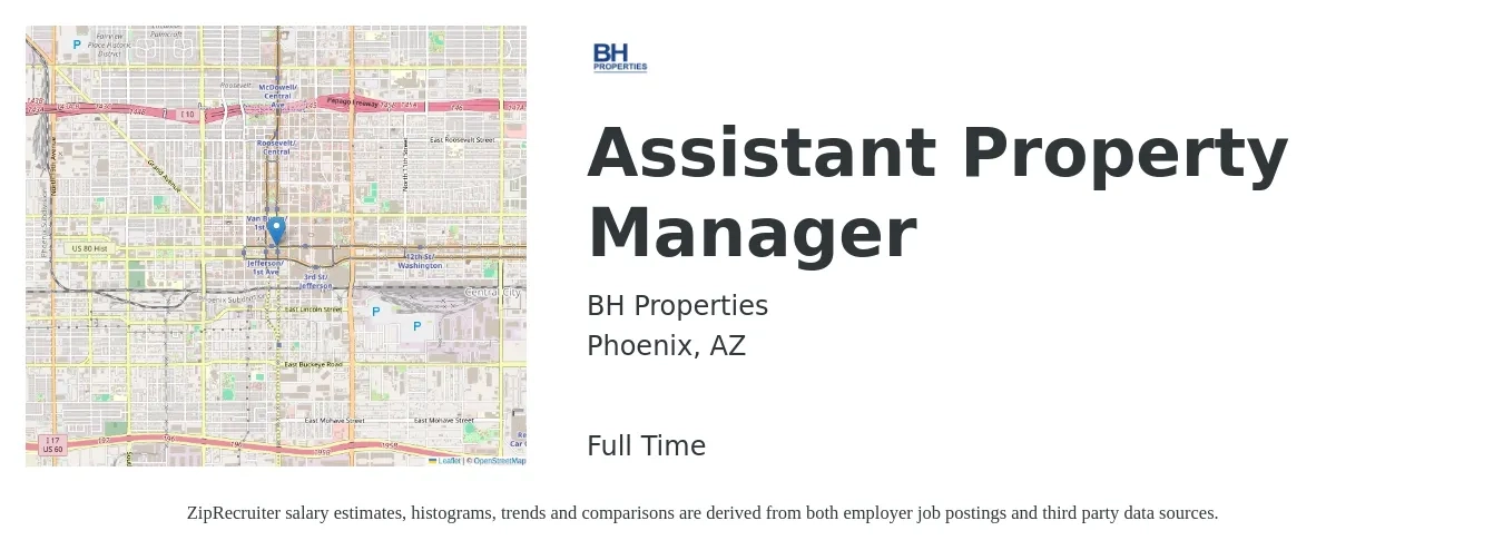BH Properties job posting for a Assistant Property Manager in Phoenix, AZ with a salary of $18 to $24 Hourly with a map of Phoenix location.