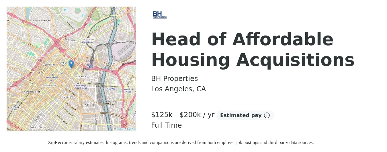 BH Properties job posting for a Head of Affordable Housing Acquisitions in Los Angeles, CA with a salary of $125,000 to $200,000 Yearly with a map of Los Angeles location.