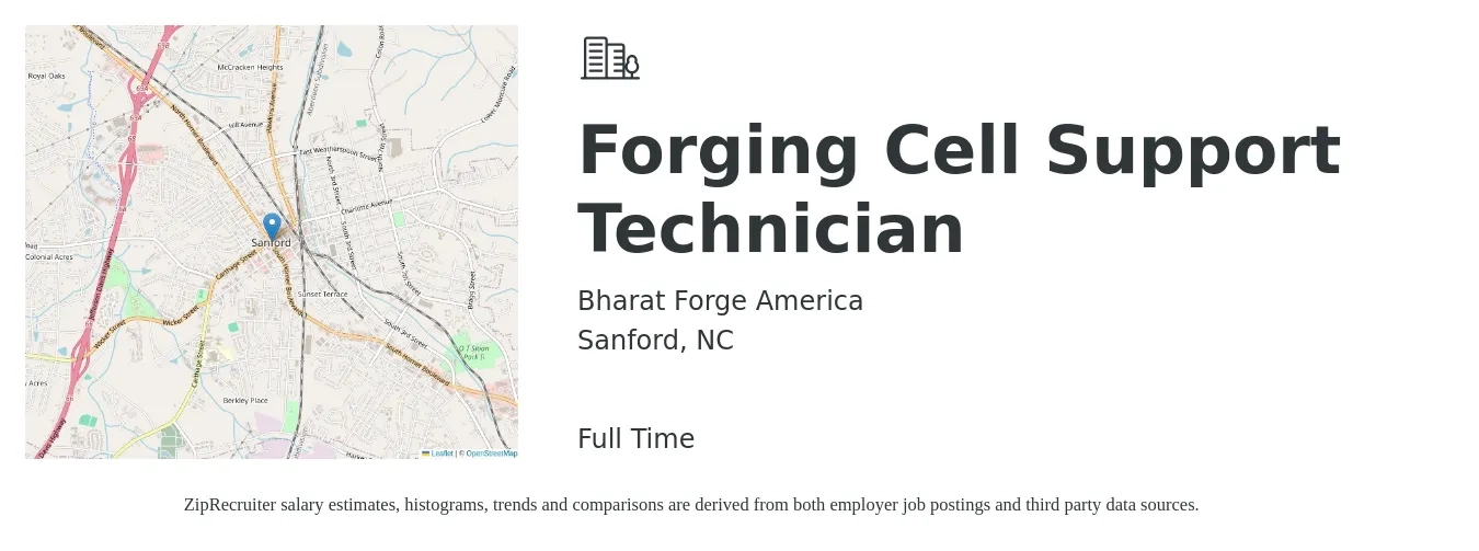 Bharat Forge America job posting for a Forging Cell Support Technician in Sanford, NC with a salary of $32,900 to $41,300 Yearly with a map of Sanford location.