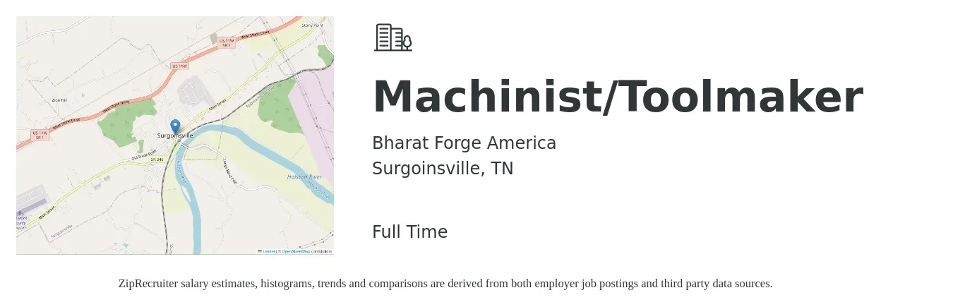 Bharat Forge America job posting for a Machinist/Toolmaker in Surgoinsville, TN with a salary of $21 to $27 Hourly with a map of Surgoinsville location.