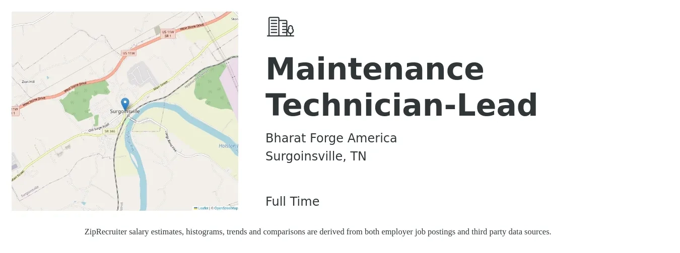 Bharat Forge America job posting for a Maintenance Technician-Lead in Surgoinsville, TN with a salary of $18 to $25 Hourly with a map of Surgoinsville location.