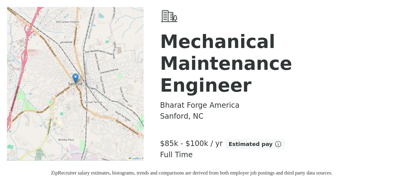 Bharat Forge America job posting for a Mechanical Maintenance Engineer in Sanford, NC with a salary of $85,000 to $100,000 Yearly with a map of Sanford location.