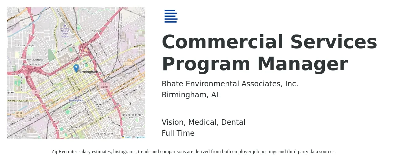Bhate Environmental Associates, Inc. job posting for a Commercial Services Group Manager/Program Manager in Birmingham, AL with a salary of $90,000 to $115,000 Yearly and benefits including vision, dental, life_insurance, medical, pto, and retirement with a map of Birmingham location.