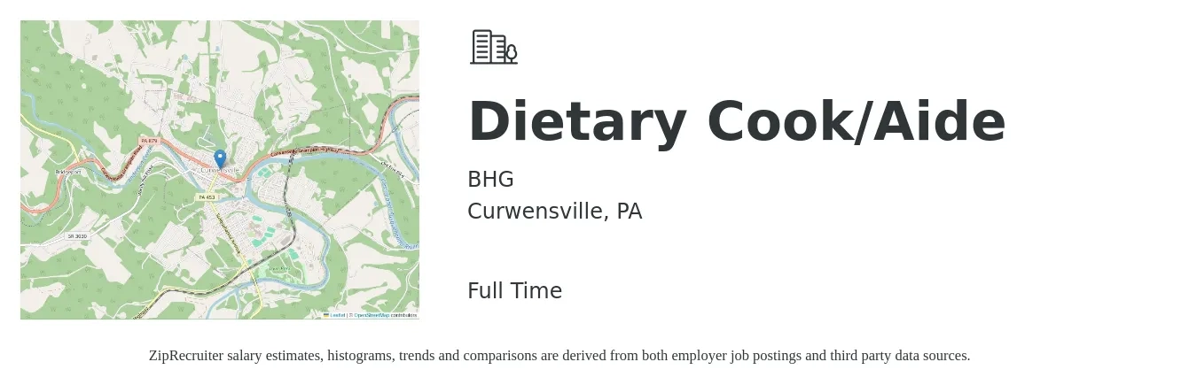 BHG job posting for a Dietary Cook/Aide in Curwensville, PA with a salary of $12 to $15 Hourly with a map of Curwensville location.