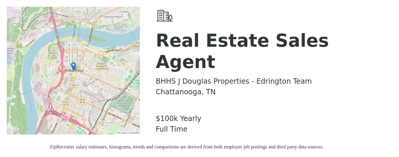 BHHS J Douglas Properties - Edrington Team job posting for a Real Estate Sales Agent in Chattanooga, TN with a salary of $100,000 Yearly with a map of Chattanooga location.