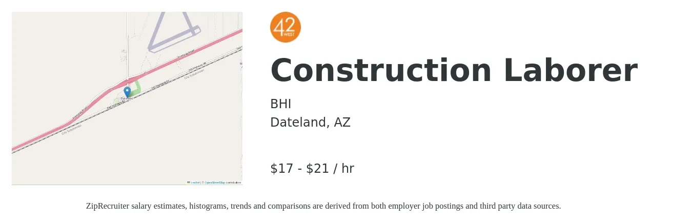 BHI job posting for a Construction Laborer in Dateland, AZ with a salary of $18 to $22 Hourly with a map of Dateland location.