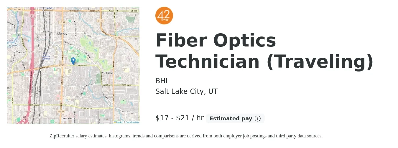 BHI job posting for a Fiber Optics Technician (Traveling) in Salt Lake City, UT with a salary of $18 to $22 Hourly with a map of Salt Lake City location.