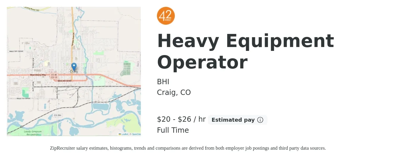 BHI job posting for a Heavy Equipment Operator in Craig, CO with a salary of $21 to $28 Hourly with a map of Craig location.