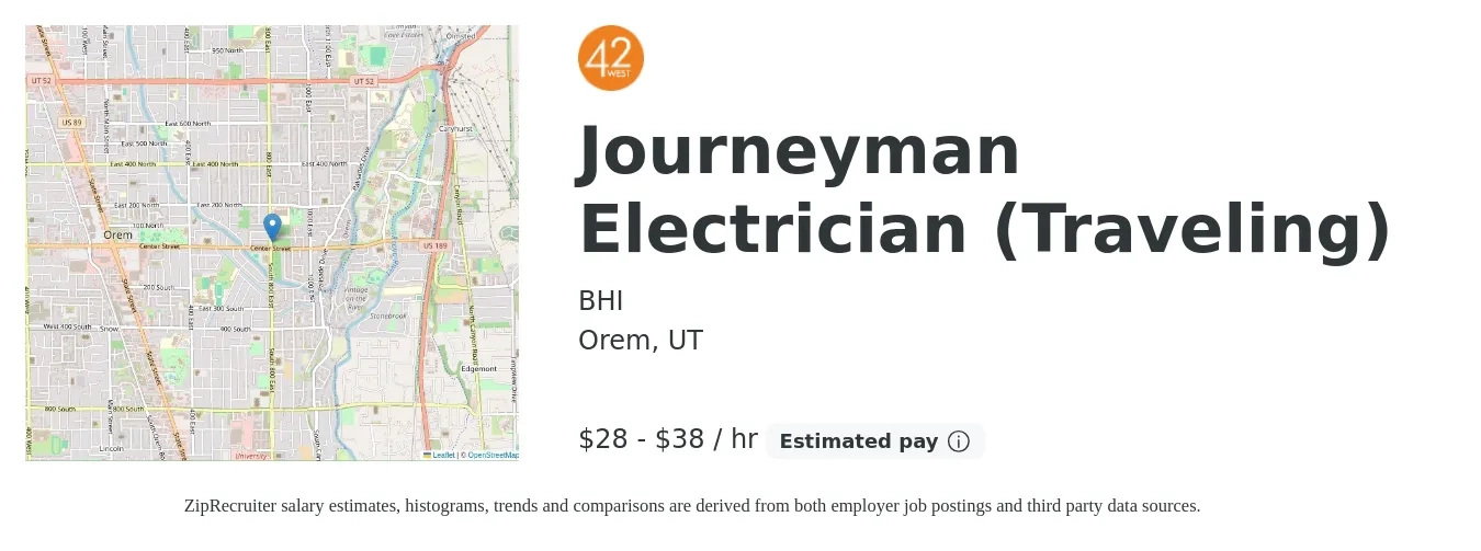 BHI job posting for a Journeyman Electrician (Traveling) in Orem, UT with a salary of $30 to $40 Hourly with a map of Orem location.