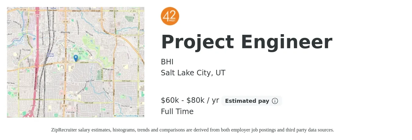 BHI job posting for a Project Engineer in Salt Lake City, UT with a salary of $60,000 to $80,000 Yearly with a map of Salt Lake City location.