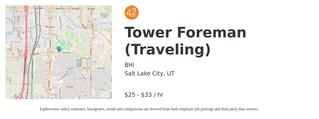 BHI job posting for a Tower Foreman (Traveling) in Salt Lake City, UT with a salary of $26 to $35 Hourly with a map of Salt Lake City location.
