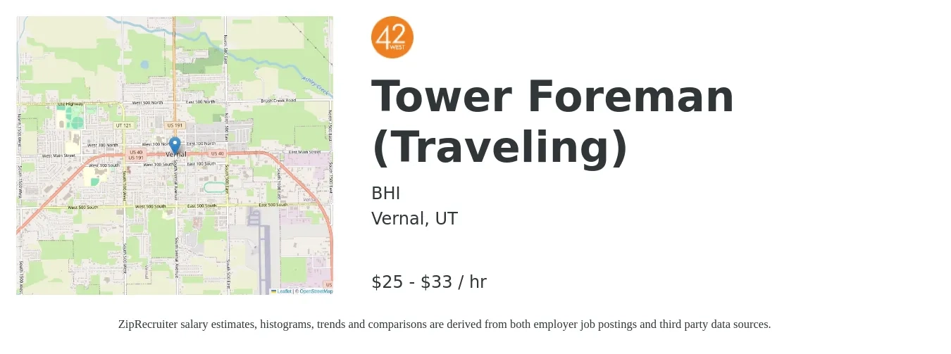 BHI job posting for a Tower Foreman (Traveling) in Vernal, UT with a salary of $26 to $35 Hourly with a map of Vernal location.