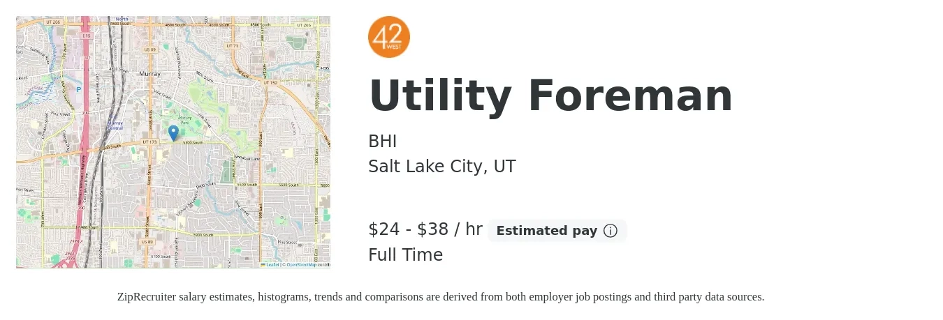 BHI job posting for a Utility Foreman in Salt Lake City, UT with a salary of $25 to $40 Hourly with a map of Salt Lake City location.