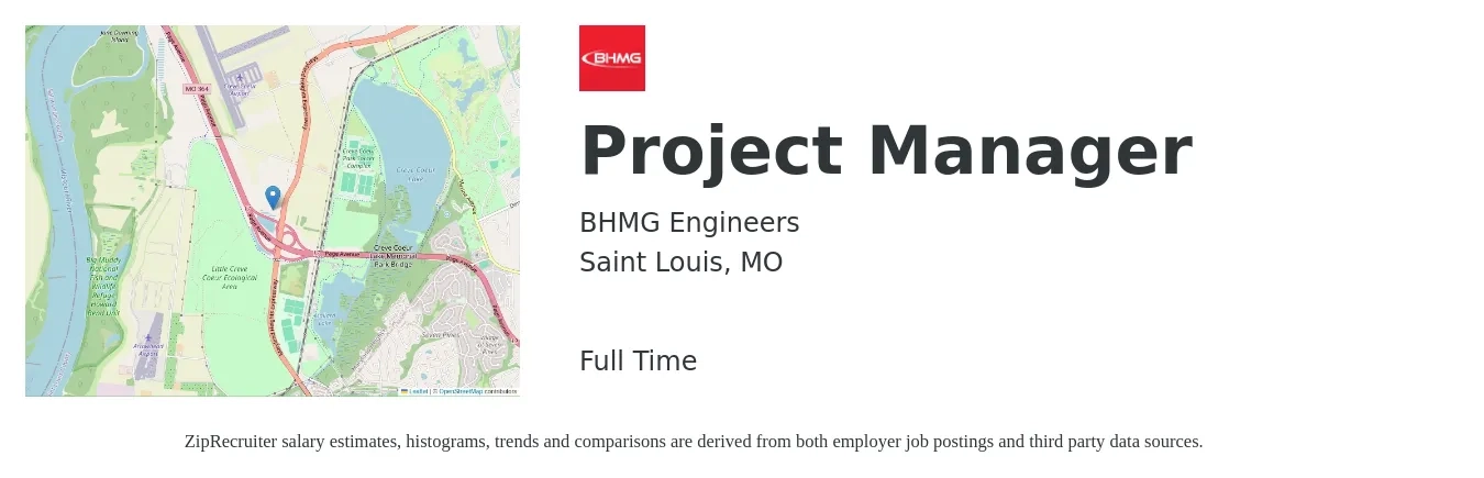 BHMG Engineers job posting for a Project Manager in Saint Louis, MO with a salary of $73,500 to $115,200 Yearly with a map of Saint Louis location.