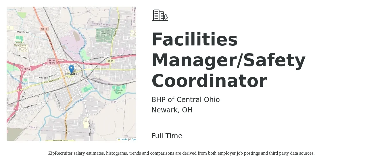 BHP of Central Ohio job posting for a Facilities Manager/Safety Coordinator in Newark, OH with a salary of $18 to $26 Hourly with a map of Newark location.