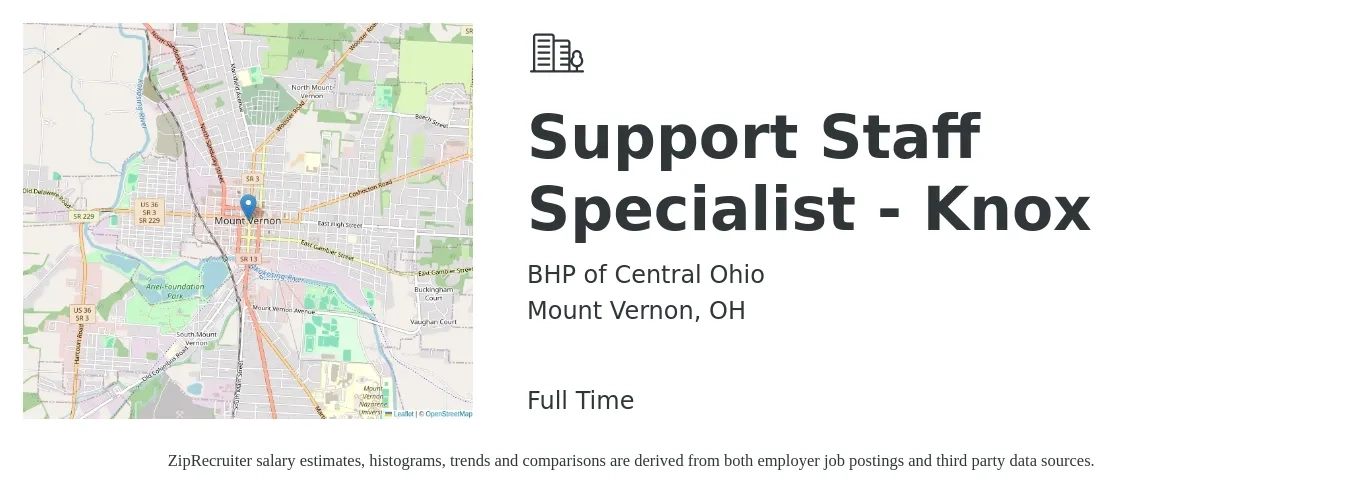 BHP of Central Ohio job posting for a Support Staff Specialist - Knox in Mount Vernon, OH with a salary of $16 to $24 Hourly with a map of Mount Vernon location.