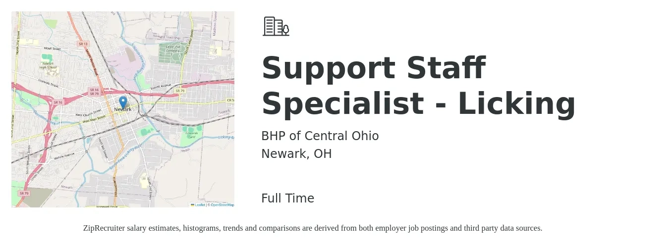 BHP of Central Ohio job posting for a Support Staff Specialist - Licking in Newark, OH with a salary of $17 to $27 Hourly with a map of Newark location.