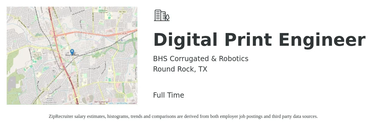 BHS Corrugated & Robotics job posting for a Digital Print Engineer in Round Rock, TX with a salary of $16 to $20 Hourly with a map of Round Rock location.