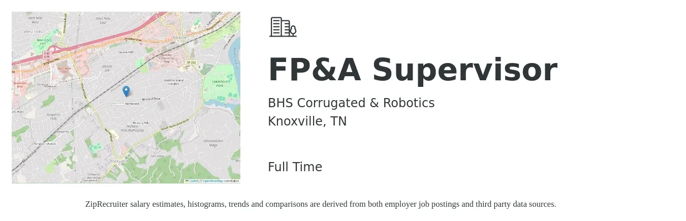 BHS Corrugated & Robotics job posting for a FP&A Supervisor in Knoxville, TN with a salary of $78,600 to $139,800 Yearly with a map of Knoxville location.