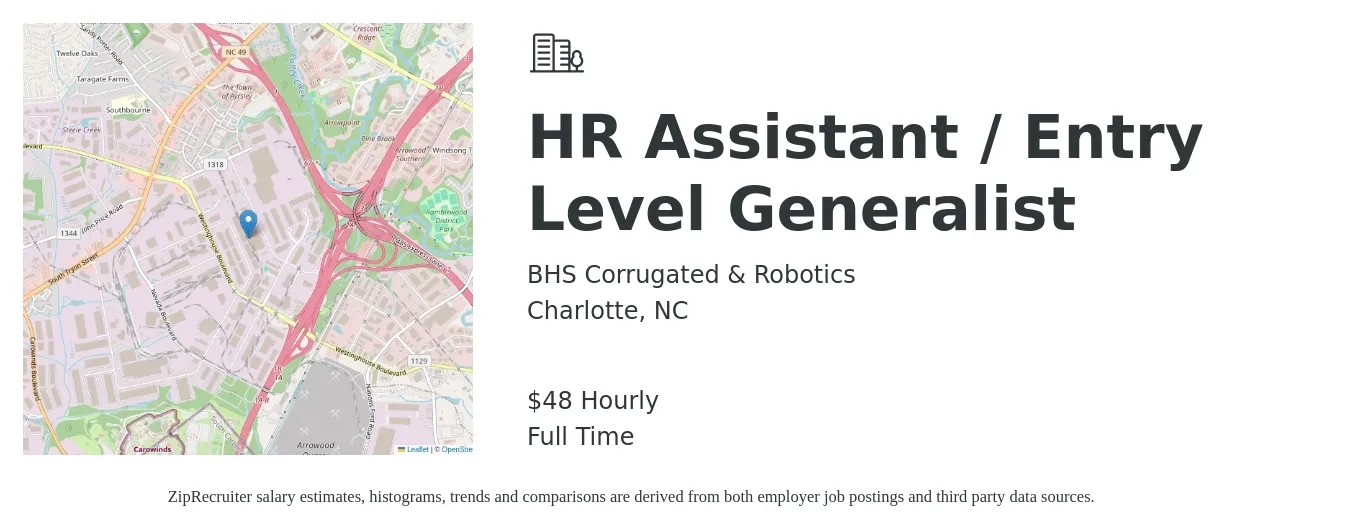BHS Corrugated & Robotics job posting for a HR Assistant / Entry Level Generalist in Charlotte, NC with a salary of $50 Hourly with a map of Charlotte location.