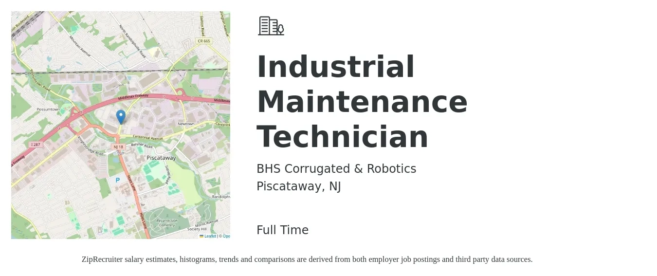 BHS Corrugated & Robotics job posting for a Industrial Maintenance Technician in Piscataway, NJ with a salary of $21 to $30 Hourly with a map of Piscataway location.