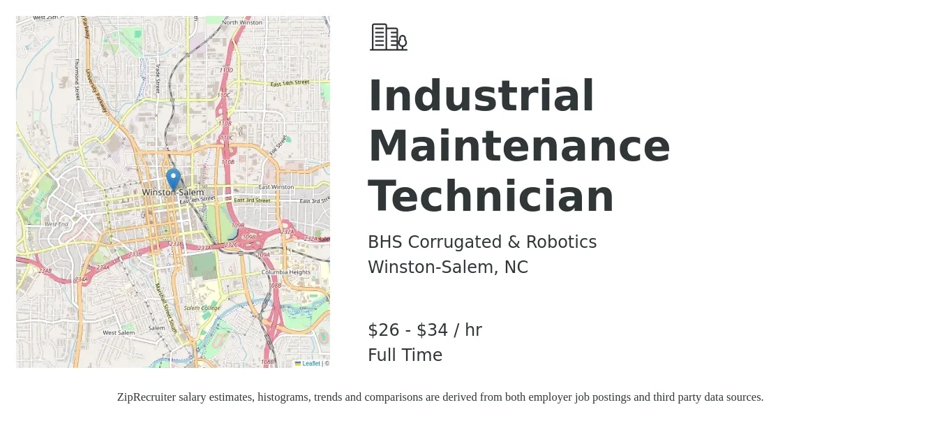 BHS Corrugated & Robotics job posting for a Industrial Maintenance Technician in Winston-Salem, NC with a salary of $28 to $36 Hourly with a map of Winston-Salem location.