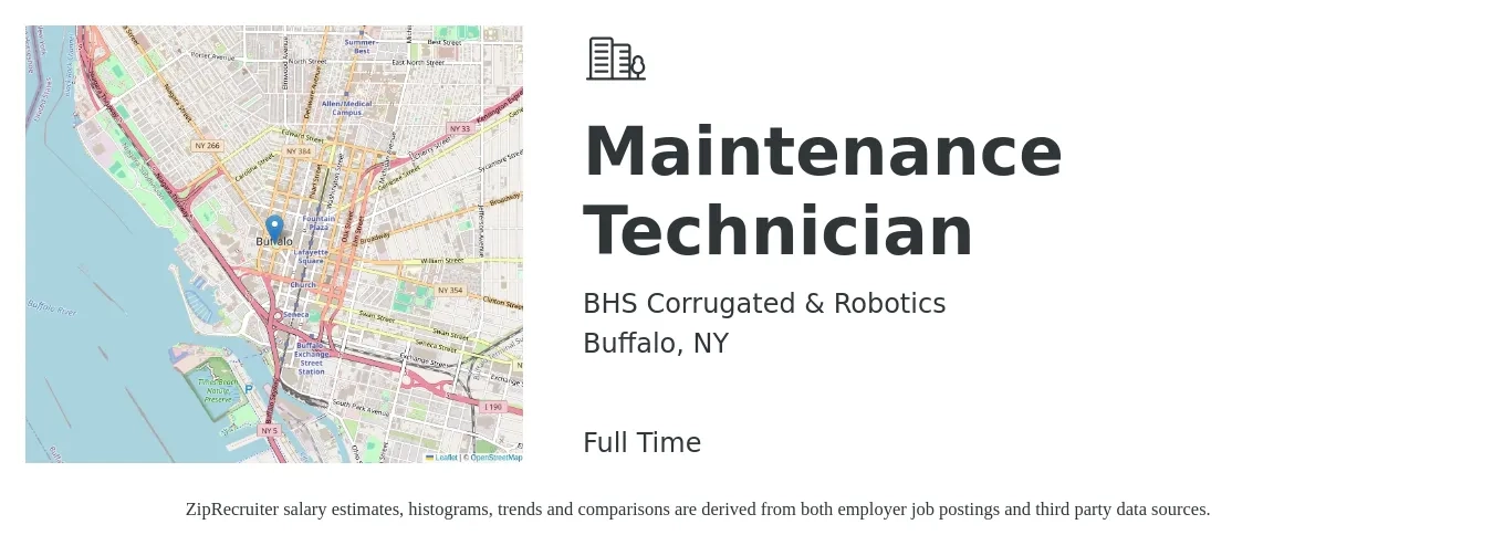BHS Corrugated & Robotics job posting for a Maintenance Technician in Buffalo, NY with a salary of $19 to $26 Hourly with a map of Buffalo location.