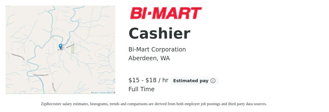 Bi-Mart Corporation job posting for a Cashier in Aberdeen, WA with a salary of $16 to $19 Hourly with a map of Aberdeen location.