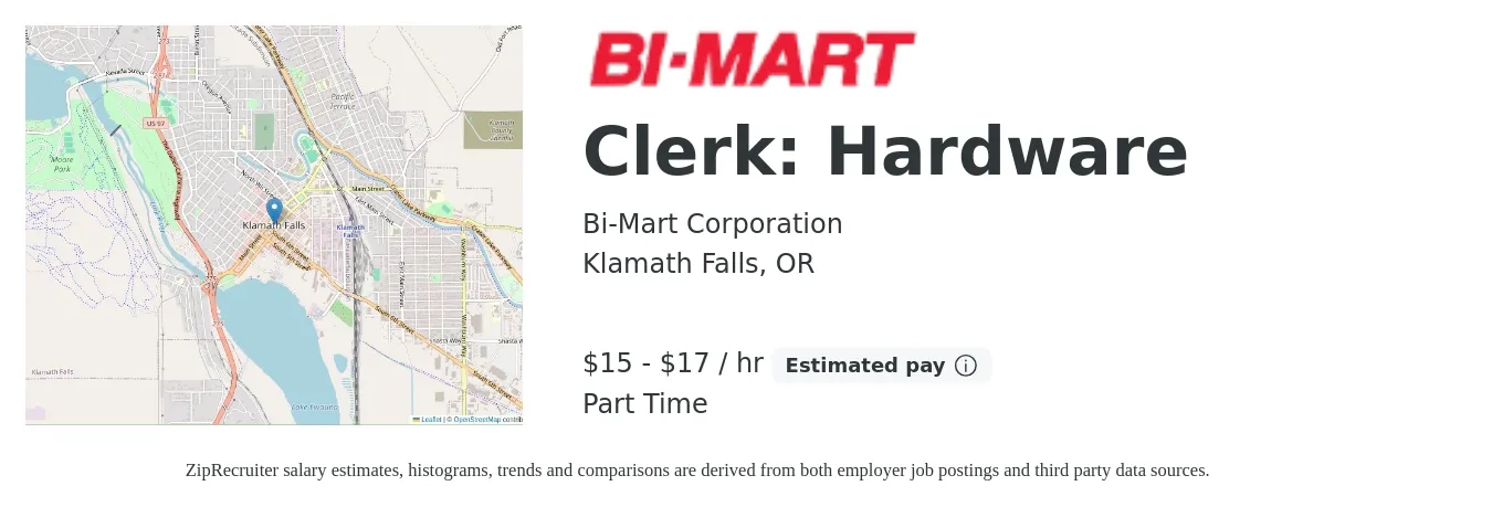 Bi-Mart Corporation job posting for a Clerk: Hardware in Klamath Falls, OR with a salary of $16 to $19 Hourly with a map of Klamath Falls location.