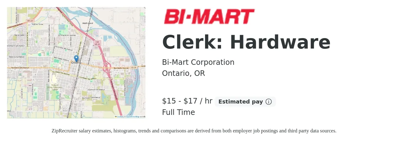 Bi-Mart Corporation job posting for a Clerk: Hardware in Ontario, OR with a salary of $16 to $19 Hourly with a map of Ontario location.