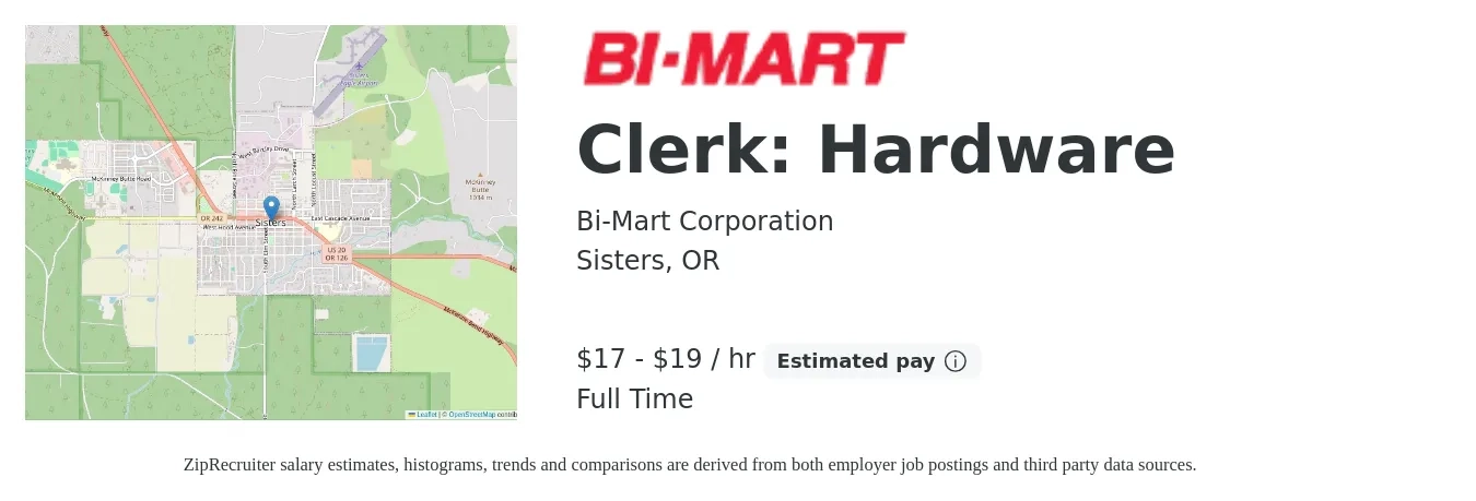 Bi-Mart Corporation job posting for a Clerk: Hardware in Sisters, OR with a salary of $18 to $21 Hourly with a map of Sisters location.