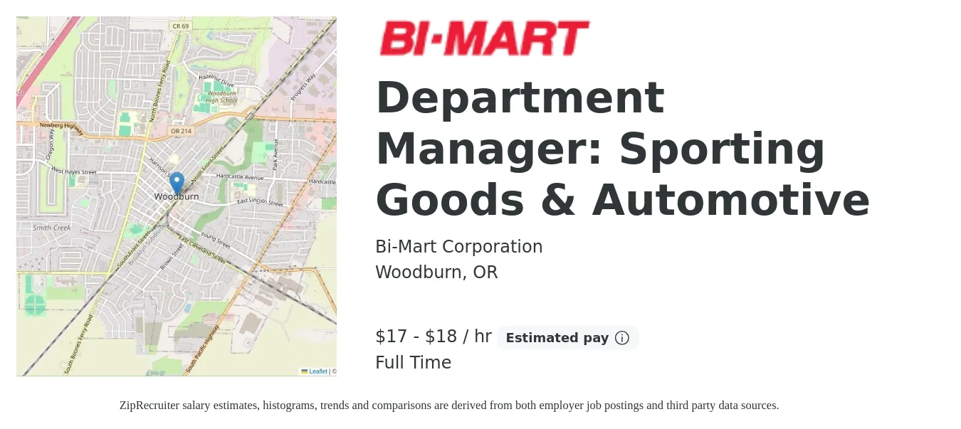 Bi-Mart Corporation job posting for a Department Manager: Sporting Goods & Automotive in Woodburn, OR with a salary of $18 to $20 Hourly with a map of Woodburn location.