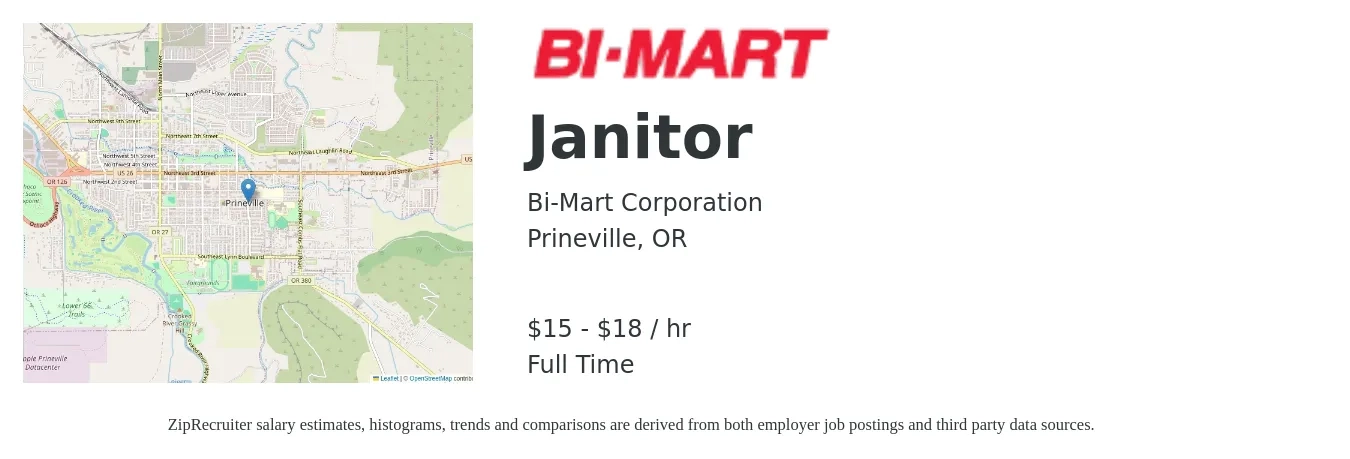Bi-Mart Corporation job posting for a Janitor in Prineville, OR with a salary of $16 to $19 Hourly with a map of Prineville location.