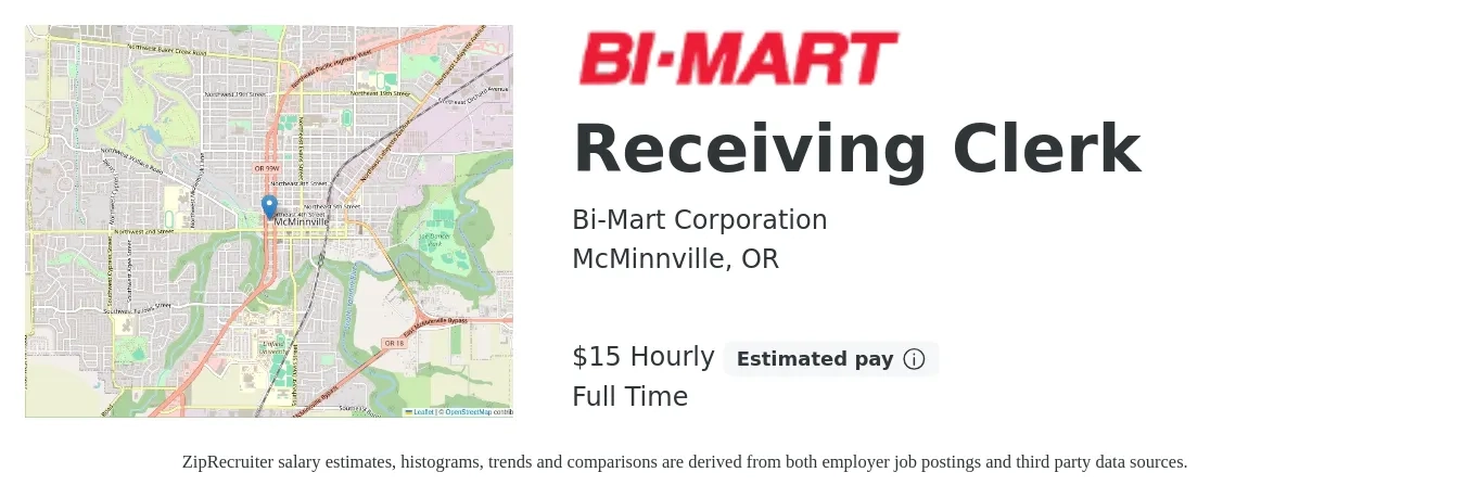 Bi-Mart Corporation job posting for a Receiving Clerk in McMinnville, OR with a salary of $16 to $19 Hourly with a map of McMinnville location.