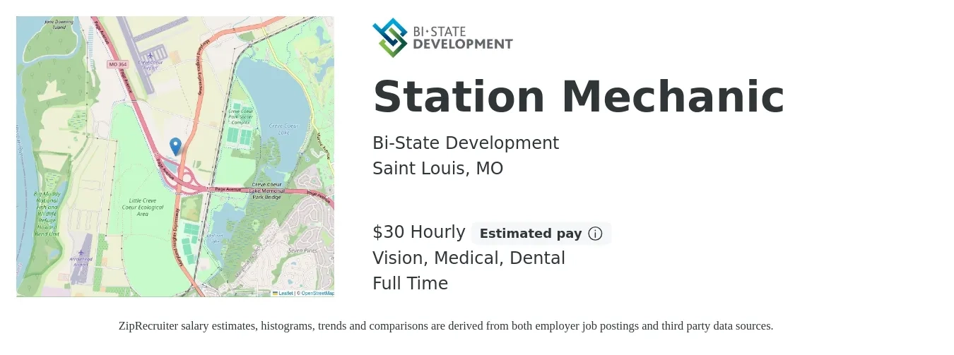 Bi-State Development job posting for a Station Mechanic in Saint Louis, MO with a salary of $32 Hourly and benefits including dental, life_insurance, medical, pto, retirement, and vision with a map of Saint Louis location.