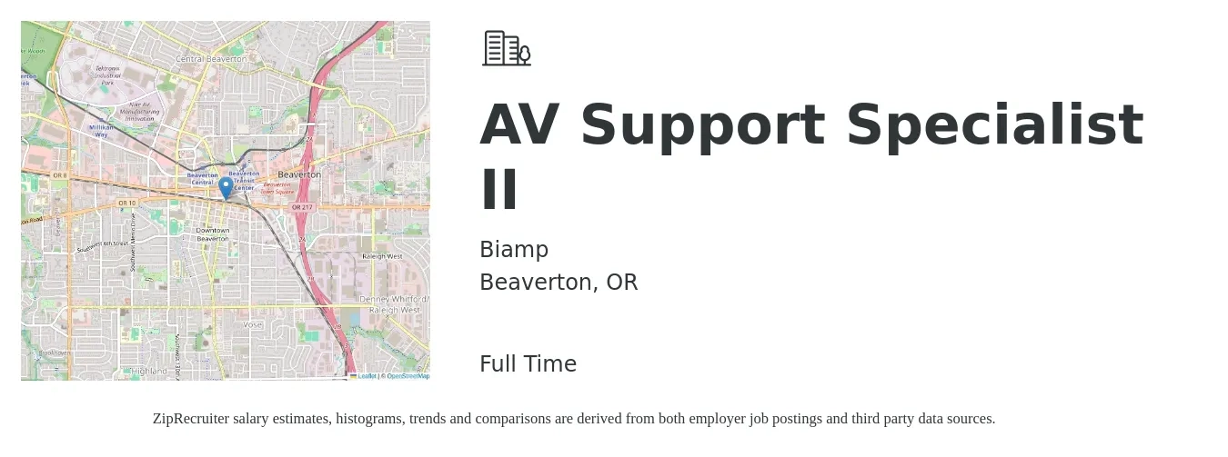 Biamp job posting for a AV Support Specialist II in Beaverton, OR with a salary of $20 to $31 Hourly with a map of Beaverton location.