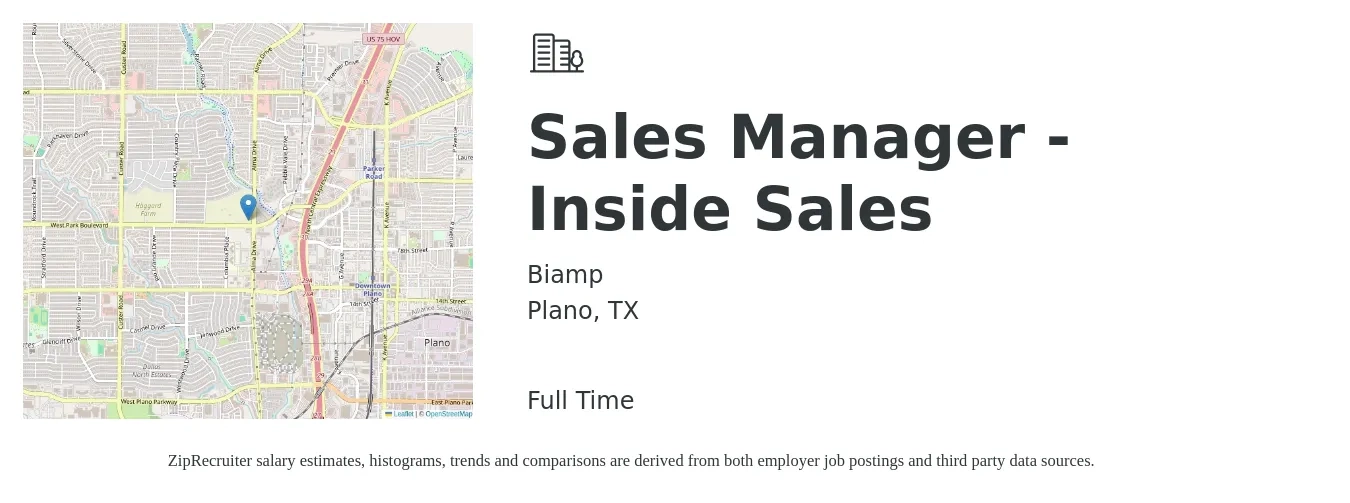 Biamp job posting for a Sales Manager - Inside Sales in Plano, TX with a salary of $55,200 to $79,500 Yearly with a map of Plano location.