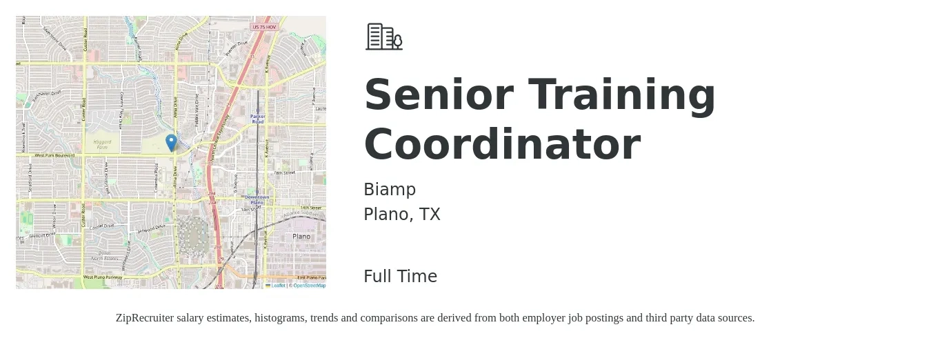 Biamp job posting for a Senior Training Coordinator in Plano, TX with a salary of $21 to $31 Hourly with a map of Plano location.