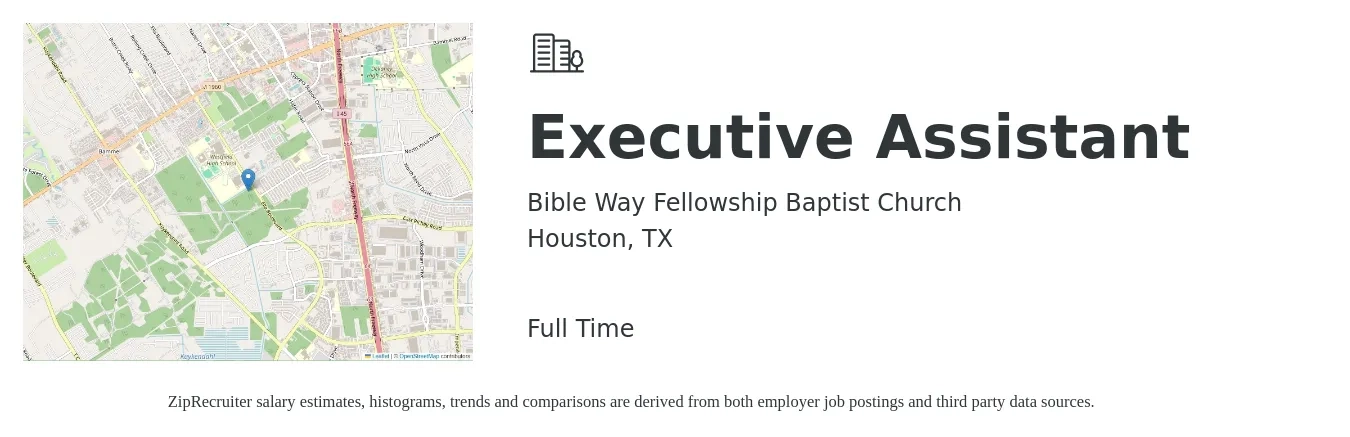 Bible Way Fellowship Baptist Church job posting for a Executive Assistant in Houston, TX with a salary of $42,300 to $63,400 Yearly with a map of Houston location.