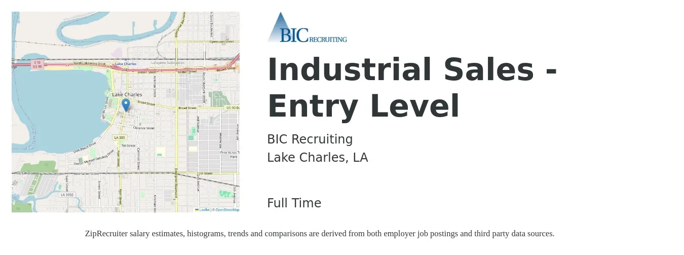 BIC Recruiting job posting for a Industrial Sales - Entry Level in Lake Charles, LA with a salary of $43,100 to $69,300 Yearly with a map of Lake Charles location.
