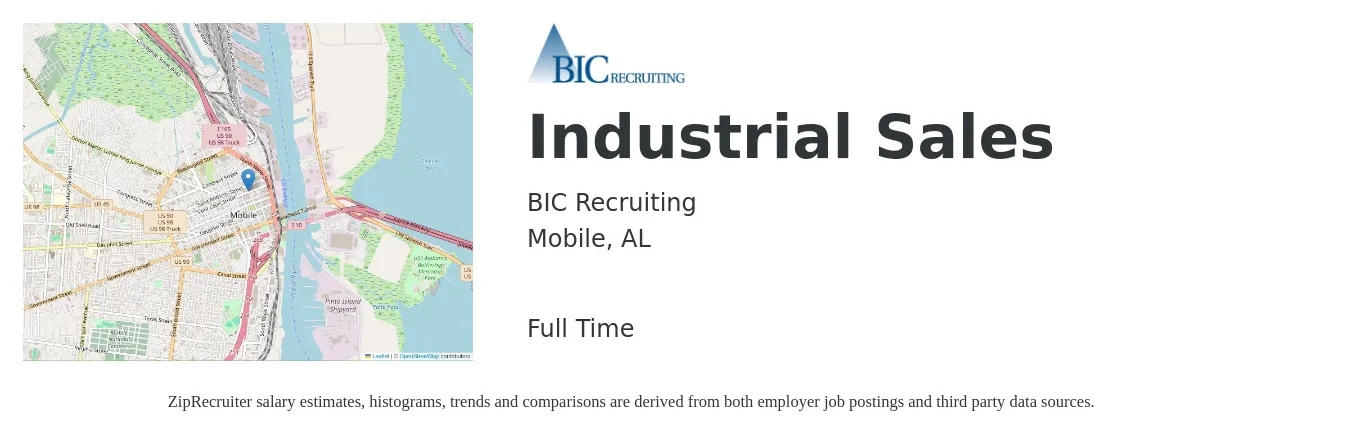 BIC Recruiting job posting for a Industrial Sales in Mobile, AL with a salary of $47,600 to $83,400 Yearly with a map of Mobile location.