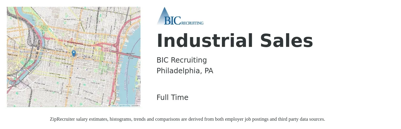 BIC Recruiting job posting for a Industrial Sales in Philadelphia, PA with a salary of $46,100 to $80,700 Yearly with a map of Philadelphia location.